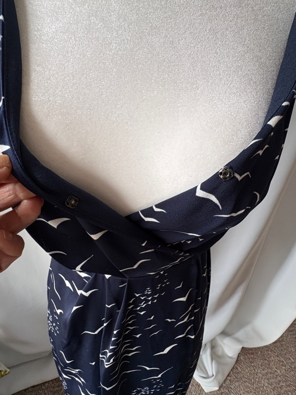 BCBGeneration Navy and White Bird-Print Midi Dress with Wrap Tie Closure - Picture 6 of 8